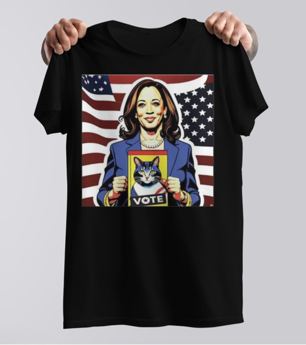 Kamala Harris Vote Cat Holding Campaign Poster American Flag Background T-Shirt