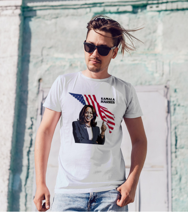Kamala Harris Smiling With Stylized American Flag Background T-Shirt