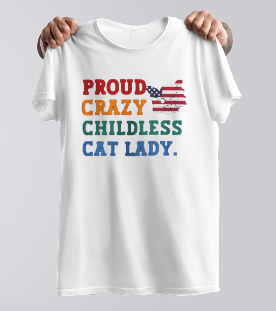 Proud Crazy Childless Cat Lady American Flag Cat T-Shirt