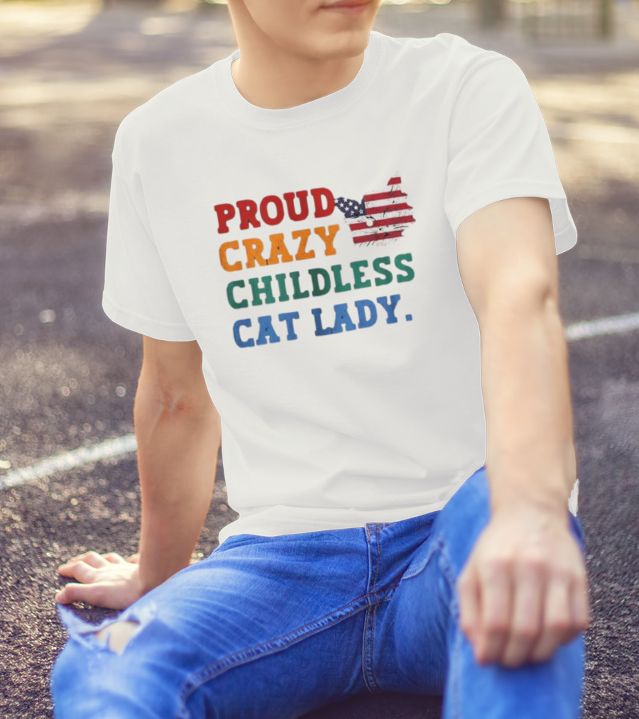 Proud Crazy Childless Cat Lady American Flag Cat T-Shirt