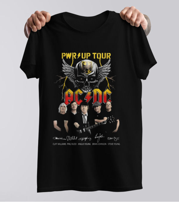 PWR Up Tour Skull ACDC 2024 Signatures Cliff Williams Phil Rudd Angus Young Brian Johnson Stevie Young T-Shirt