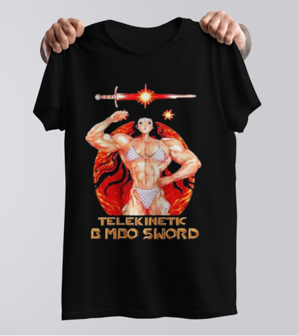 Reweki Telekinetic Bimbo Sword Muscle Warrior With Flaming Background T-Shirt