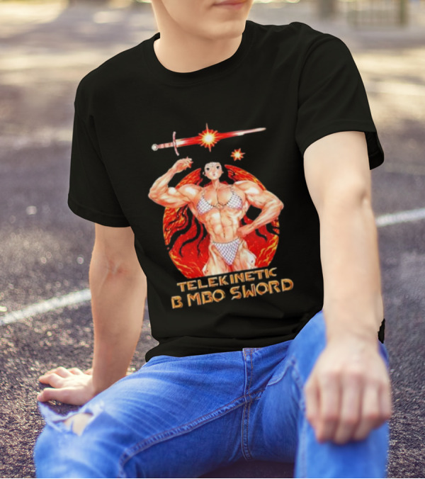 Reweki Telekinetic Bimbo Sword Muscle Warrior With Flaming Background T-Shirt