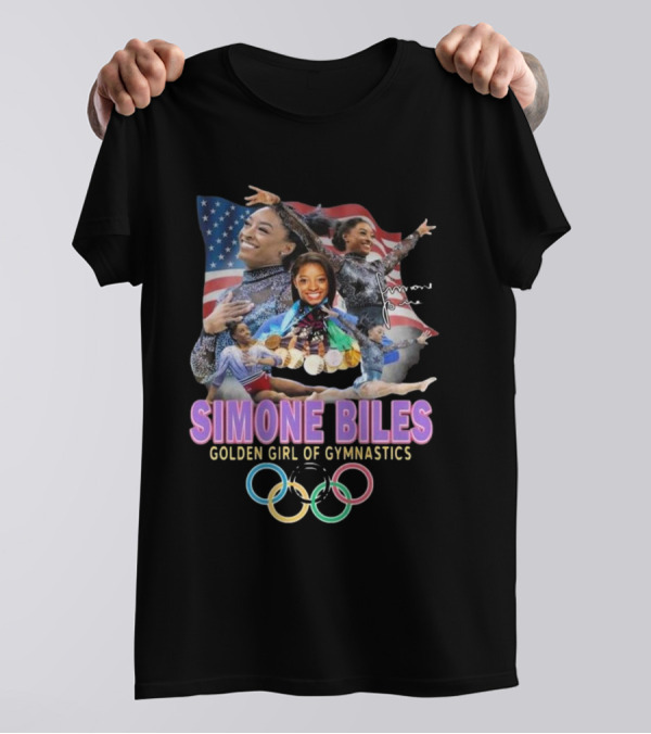 Simone Biles Golden Girl Of Gymnastics Olympic 2024 Signature USA Flag Medals Rings T-Shirt