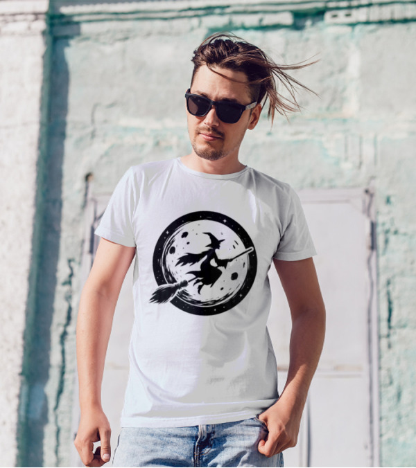Spooky Halloween Witch Flying Across Full Moon Night T-Shirt