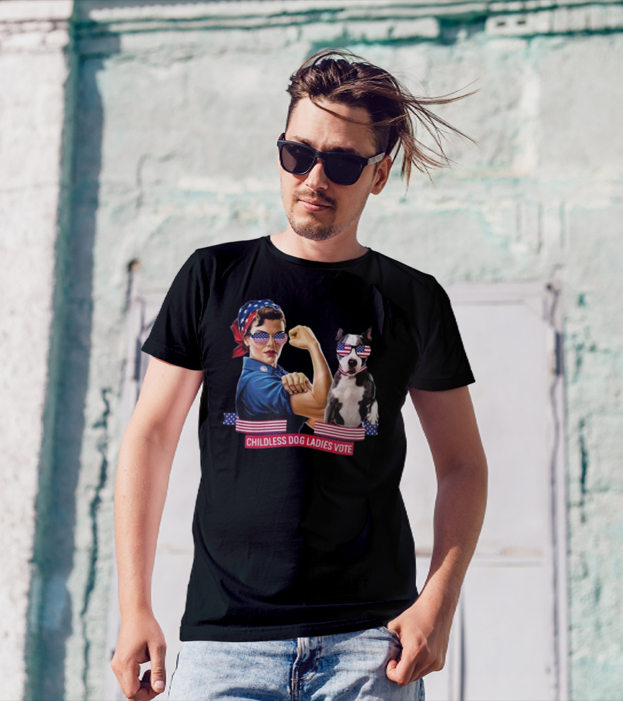 Strong Woman Kamala Harris 2024 Childless Dog Ladies Vote Rosie The Riveter American Flag Sunglasses T-Shirt