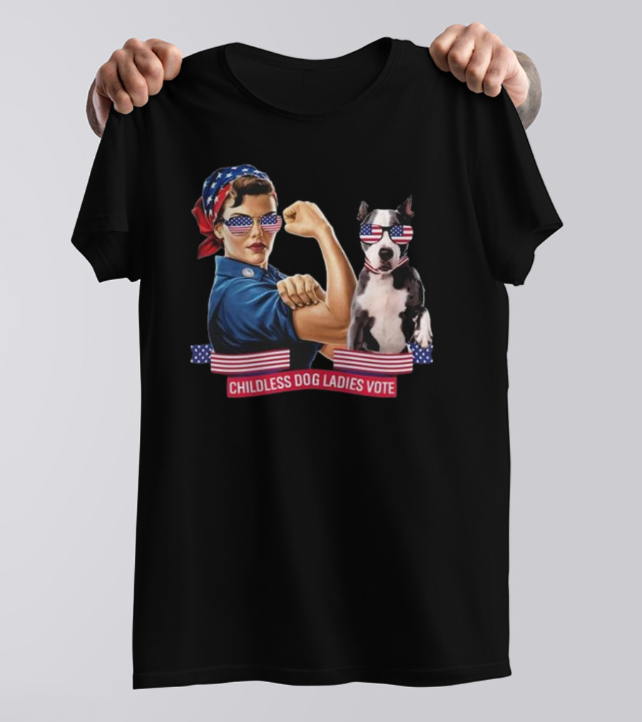 Strong Woman Kamala Harris 2024 Childless Dog Ladies Vote Rosie The Riveter American Flag Sunglasses T-Shirt