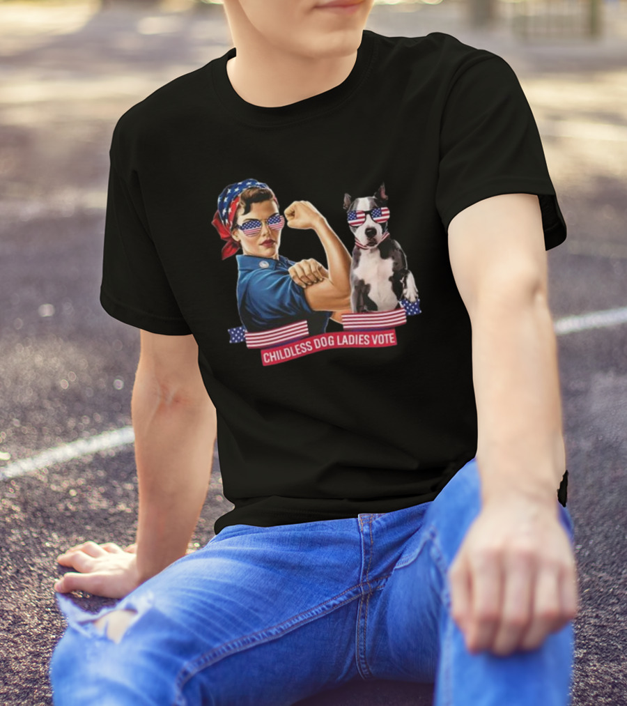 Strong Woman Kamala Harris 2024 Childless Dog Ladies Vote Rosie The Riveter American Flag Sunglasses T-Shirt
