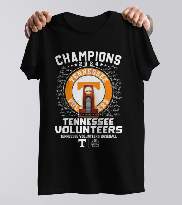 Champions 2024 Tennessee Volunteers Baseball NCAA Trophy Signatures T-Shirt