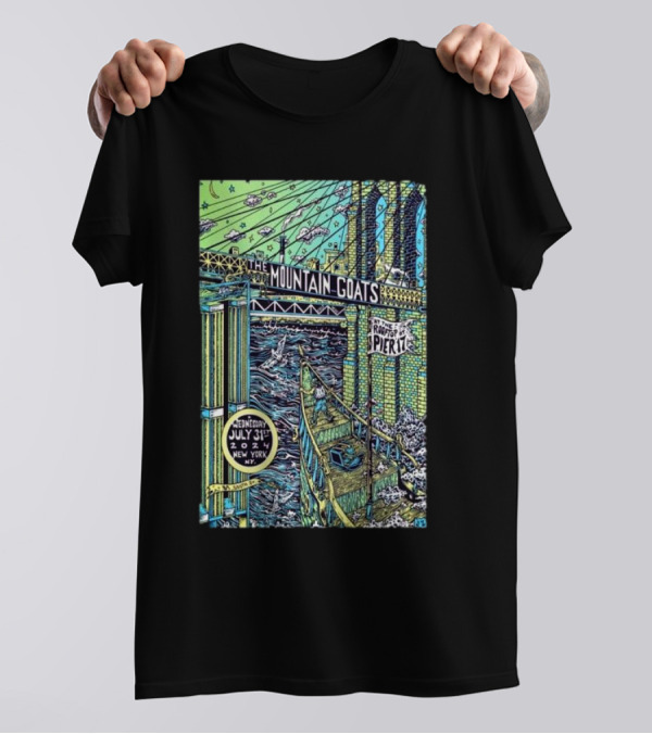 The Mountain Goats July 31 2024 New York Pier 17 Rooftop Concert Artwork Brooklyn Bridge Scene T-Shirt