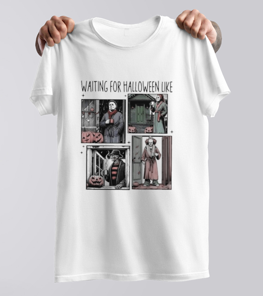 Waiting For Halloween Like Horror Movie Characters With Pumpkins And Costumes T-Shirt