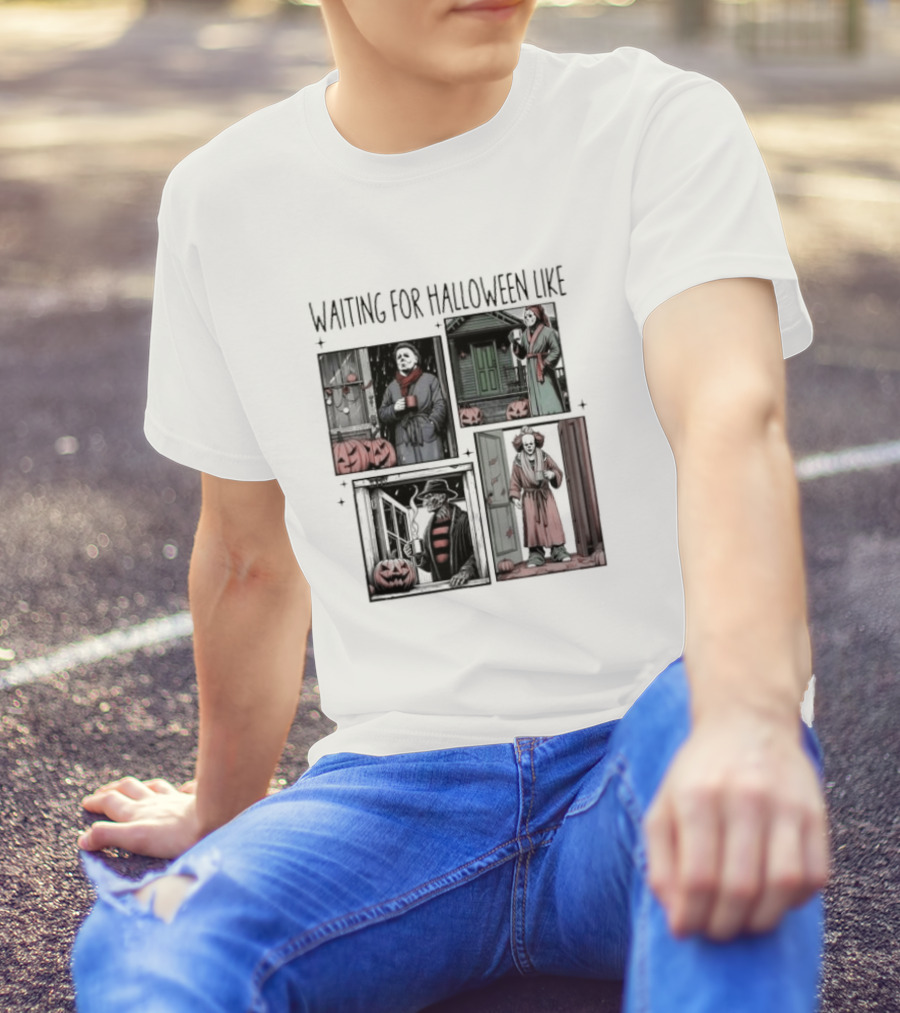 Waiting For Halloween Like Horror Movie Characters With Pumpkins And Costumes T-Shirt