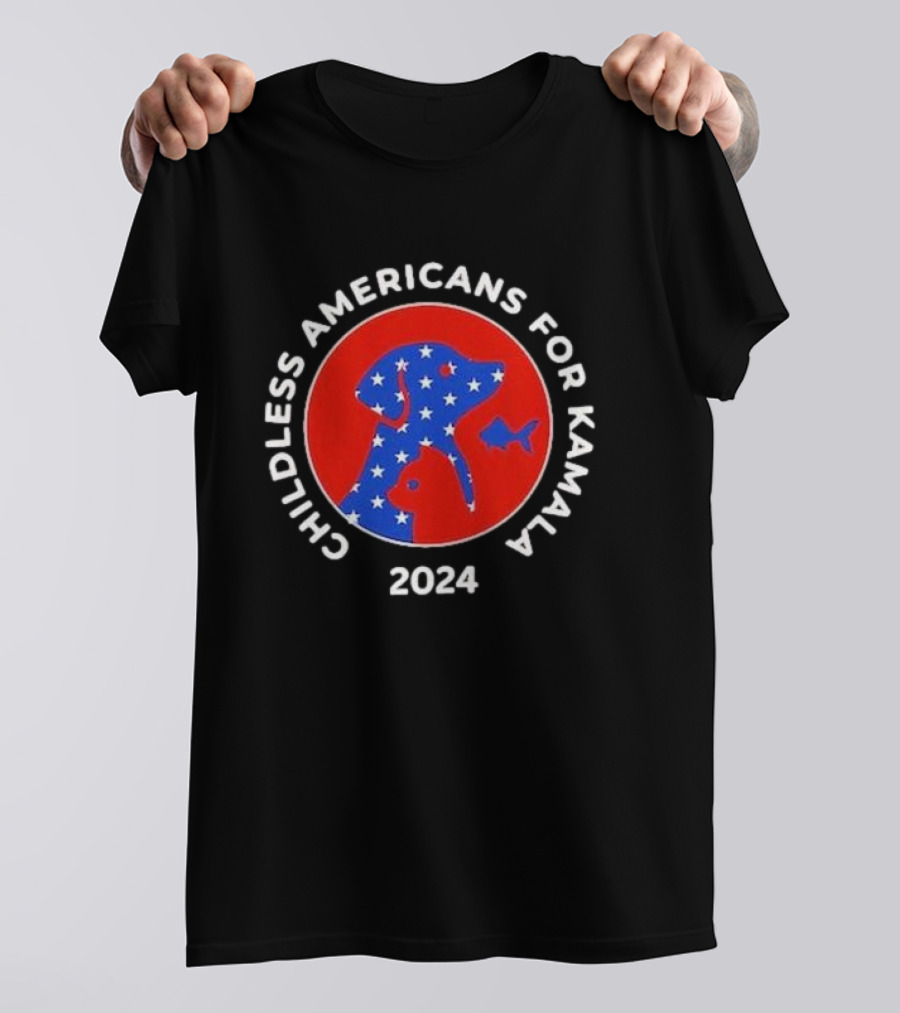 Childless Americans For Kamala 2024 Cat And Dog American Flag T-Shirt