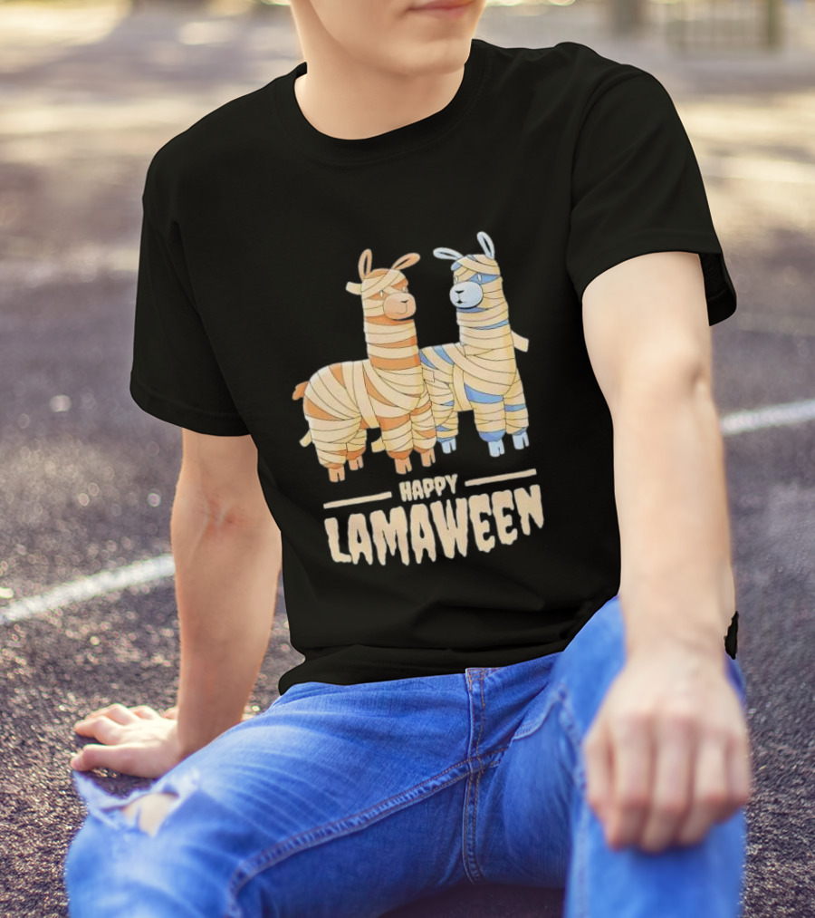 Happy Lamaween Funny Llama Halloween Mummies T-Shirt