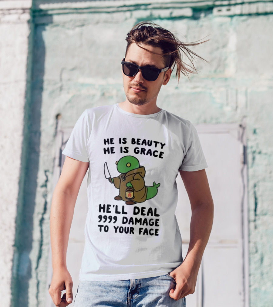 He Is Beauty He Is Grace He’ll Deal 9999 Damage To Your Face Lantern-Wielding Creature In Brown Robe With Knife T-Shirt