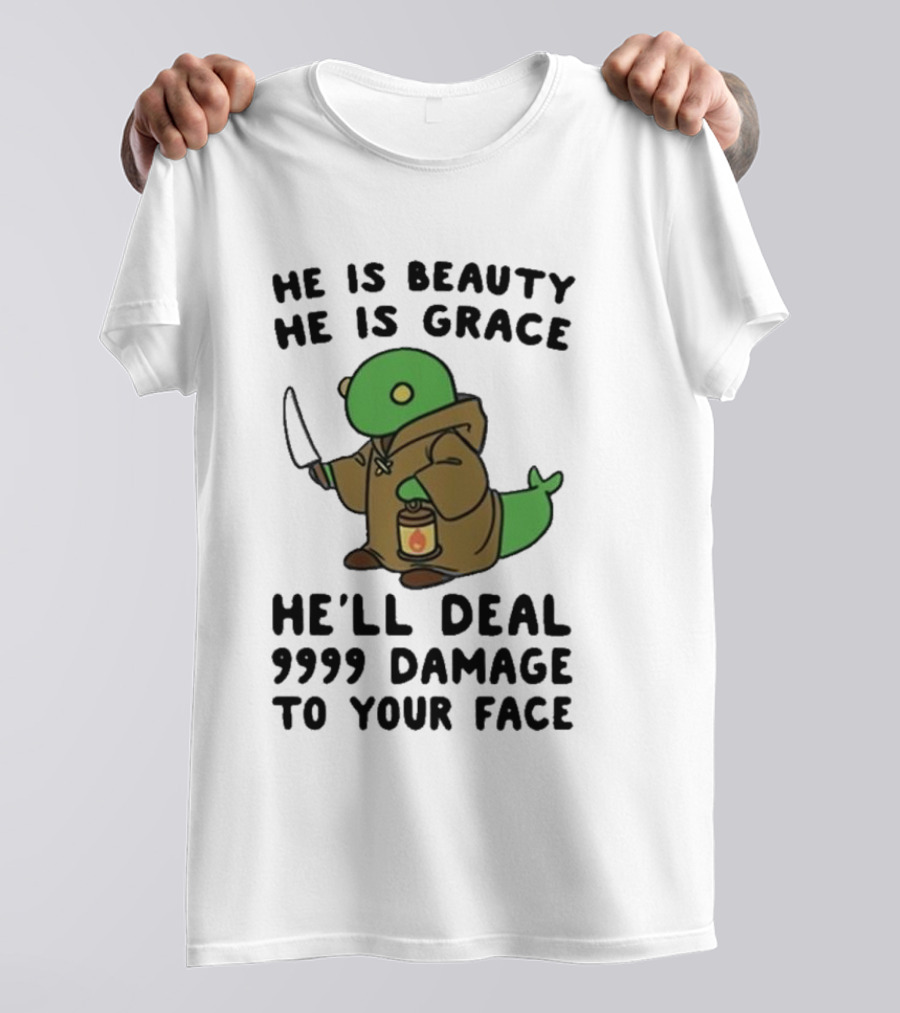 He Is Beauty He Is Grace He’ll Deal 9999 Damage To Your Face Lantern-Wielding Creature In Brown Robe With Knife T-Shirt