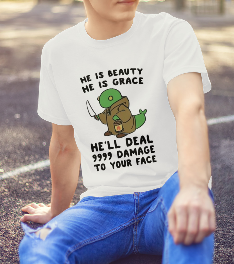 He Is Beauty He Is Grace He’ll Deal 9999 Damage To Your Face Lantern-Wielding Creature In Brown Robe With Knife T-Shirt
