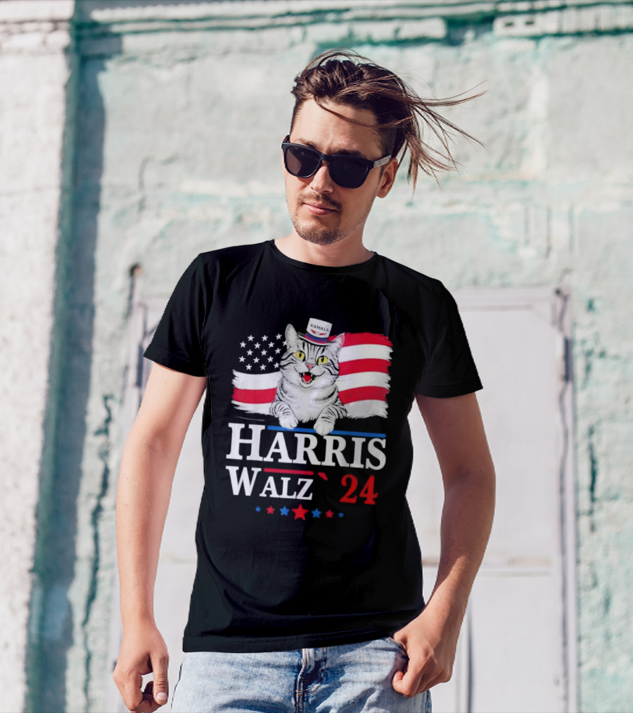Harris Walz 2024 Kamala Cat Ladies American Flag Election T-Shirt