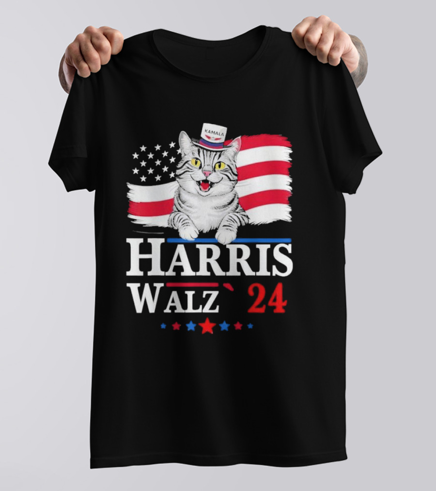 Harris Walz 2024 Kamala Cat Ladies American Flag Election T-Shirt