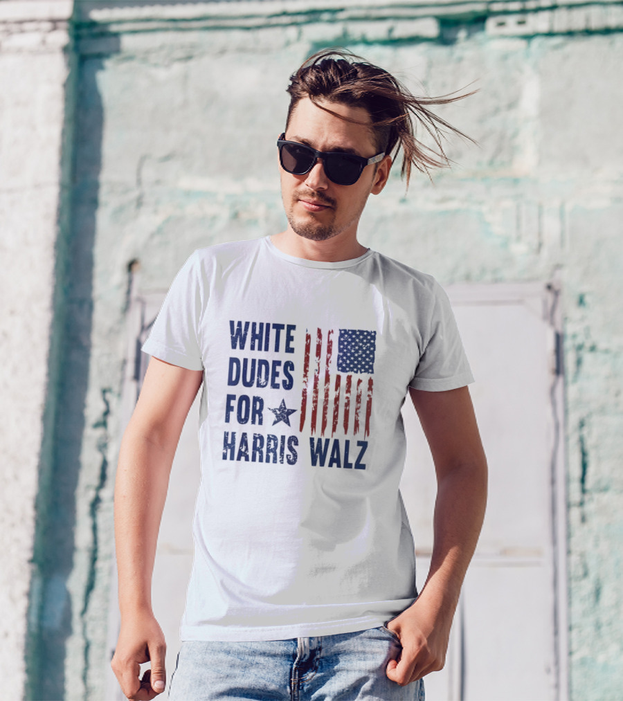 White Dudes For Harris Walz President 2024 USA Flag T-Shirt