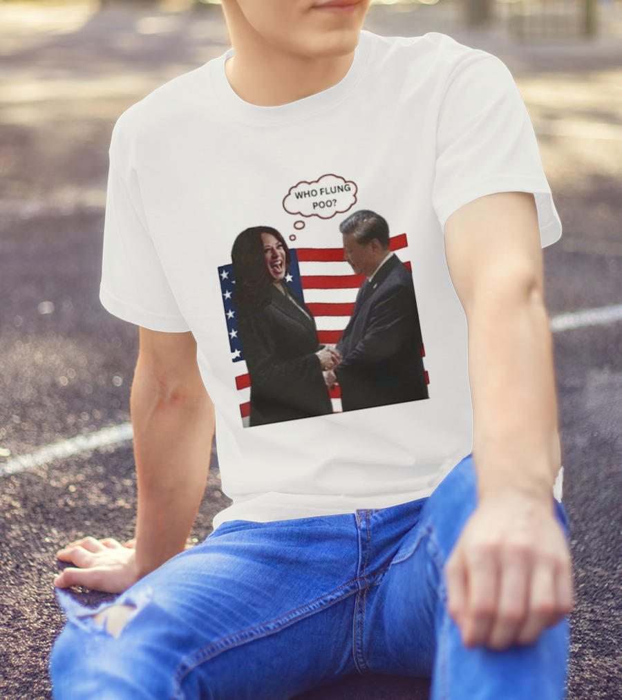 Kamala And Xi Jinping Handshake Who Flung Poo American Flag T-Shirt