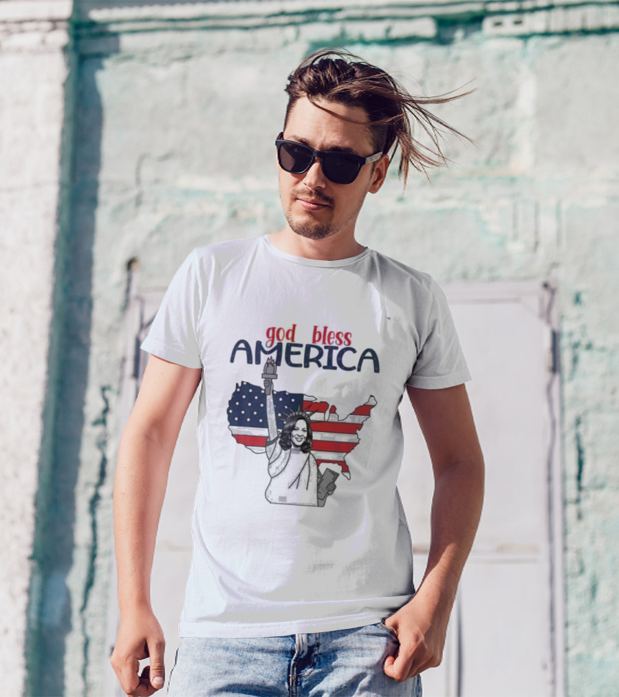 God Bless America Harris Statue Of Liberty America Map T-Shirt
