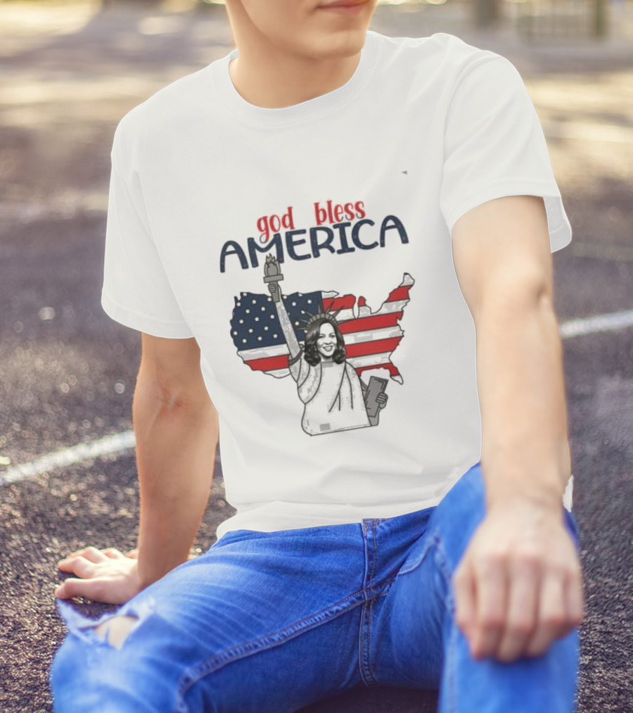 God Bless America Harris Statue Of Liberty America Map T-Shirt