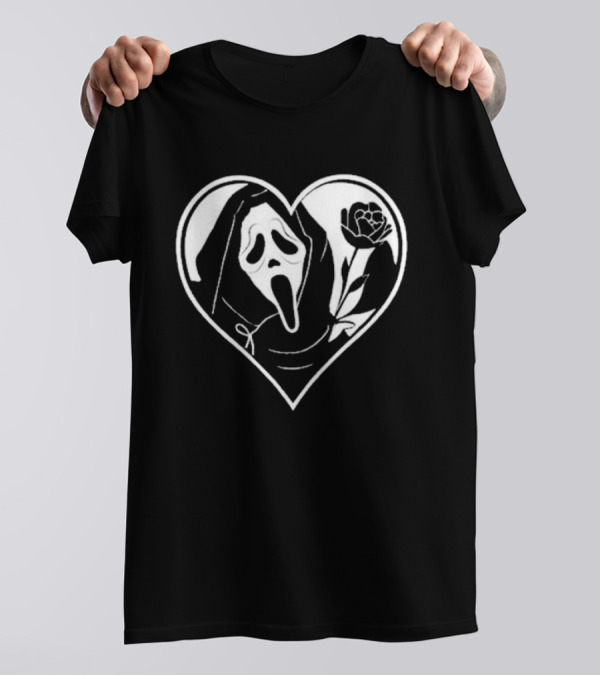 Ghostface Scream Mask Skeleton With Rose In Heart T-Shirt