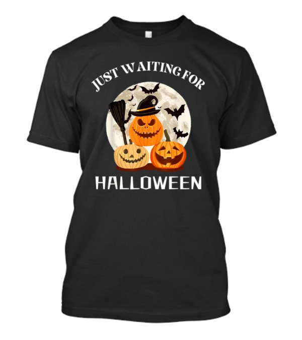 Just Waiting For Halloween Pumpkins Full Moon Bats T-Shirt
