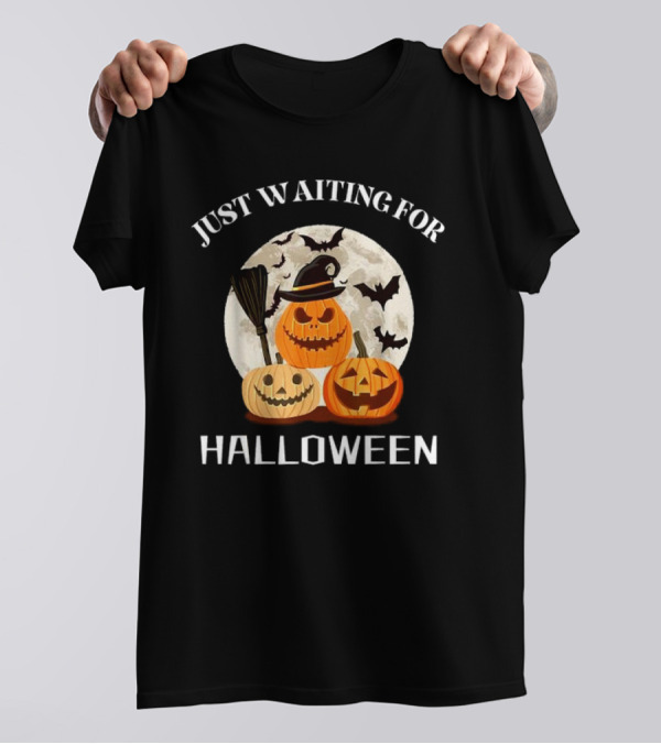 Just Waiting For Halloween Pumpkins Full Moon Bats T-Shirt