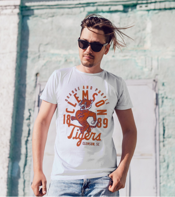 Clemson Tigers Orange And Purple Mascot Overlay 1889 Clemson SC T-Shirt