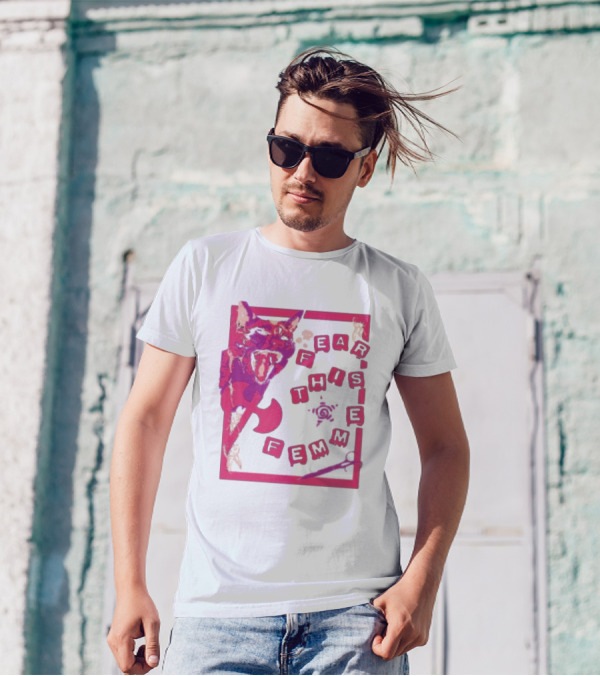 Fear This Femme Cat And Axe Retro Typography Pink Acid Wash T-Shirt