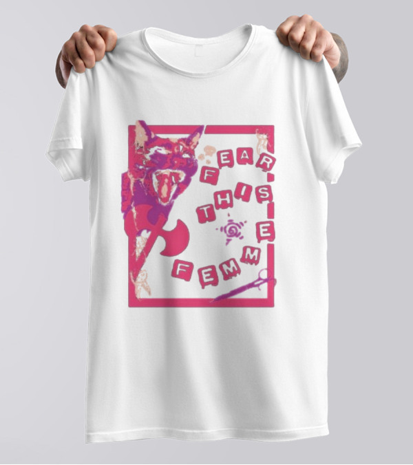 Fear This Femme Cat And Axe Retro Typography Pink Acid Wash T-Shirt