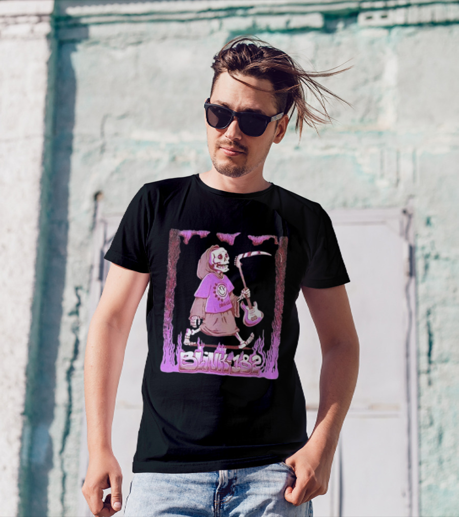 Blink-182 Grim Reaper Skeleton With Guitar Flame Border T-Shirt