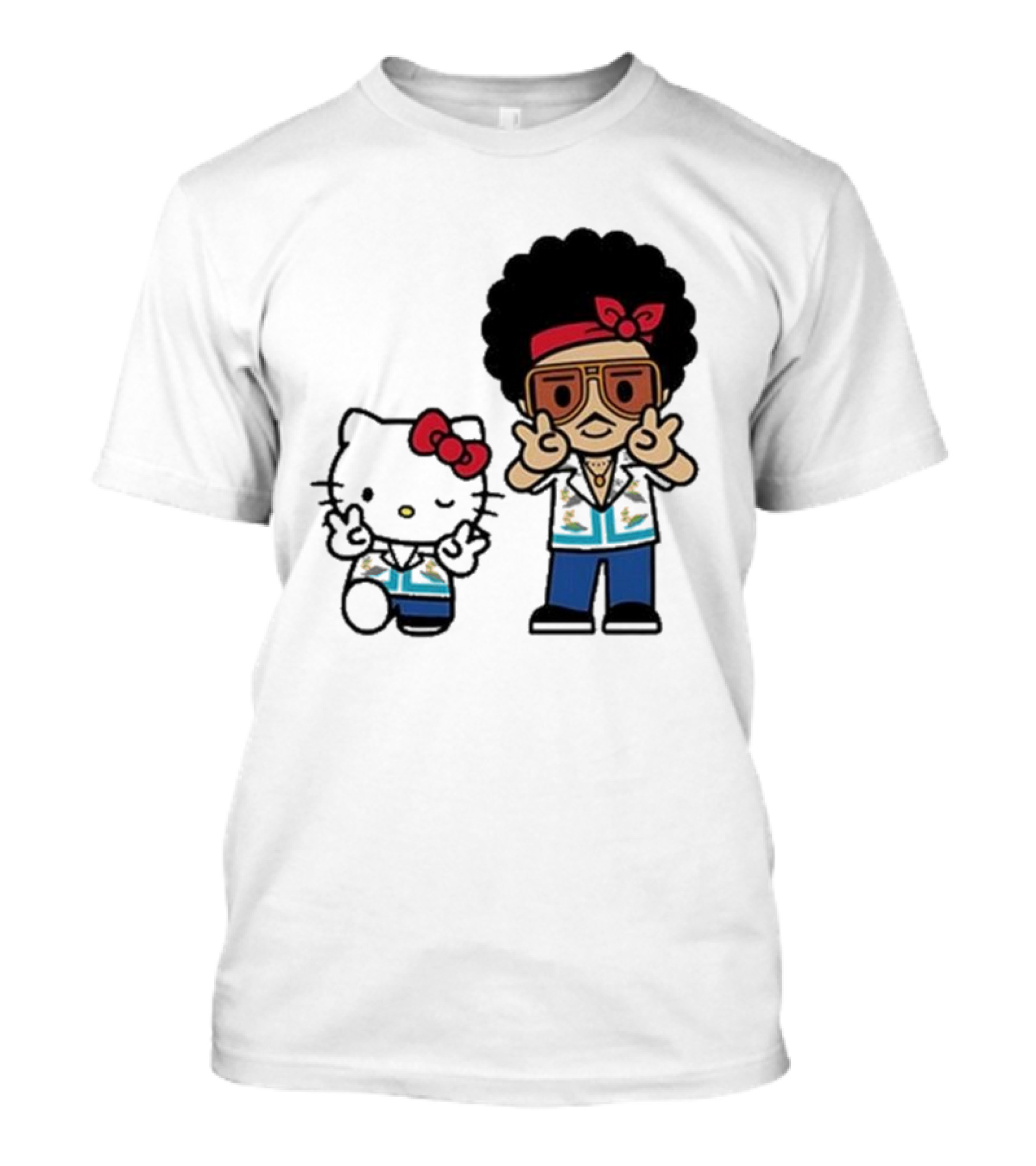 Bruno Mars Hello Kitty Japan Tour 24 Retro Style Duo With Red Bows And Blue Outfits T-Shirt