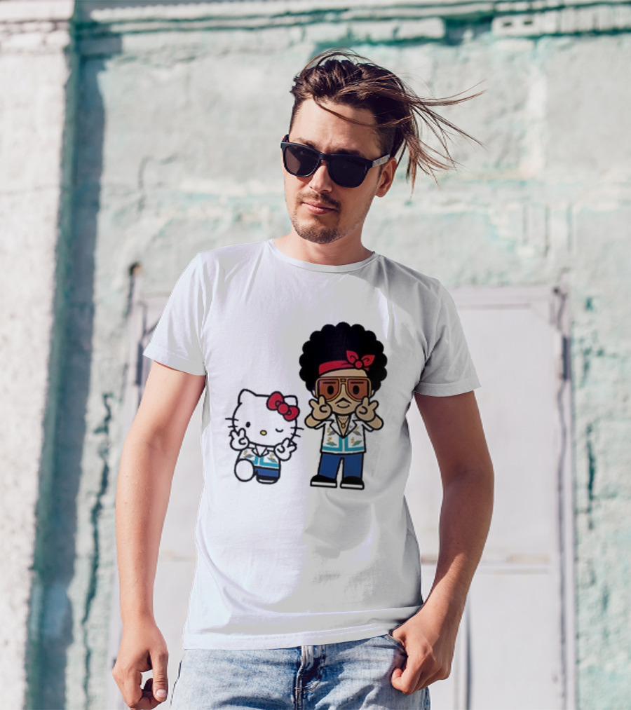 Bruno Mars Hello Kitty Japan Tour 24 Retro Style Duo With Red Bows And Blue Outfits T-Shirt