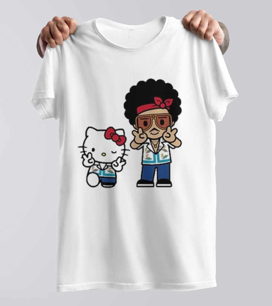 Bruno Mars Hello Kitty Japan Tour 24 Retro Style Duo With Red Bows And Blue Outfits T-Shirt