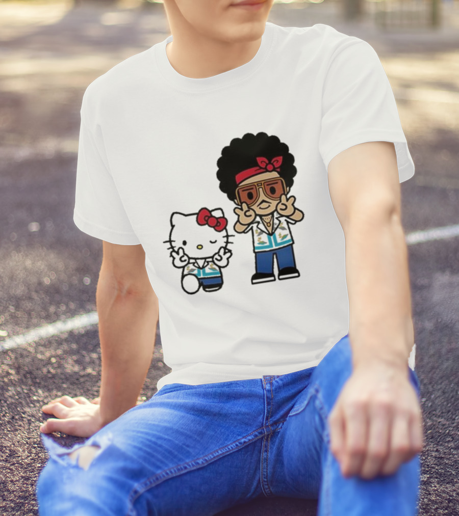 Bruno Mars Hello Kitty Japan Tour 24 Retro Style Duo With Red Bows And Blue Outfits T-Shirt