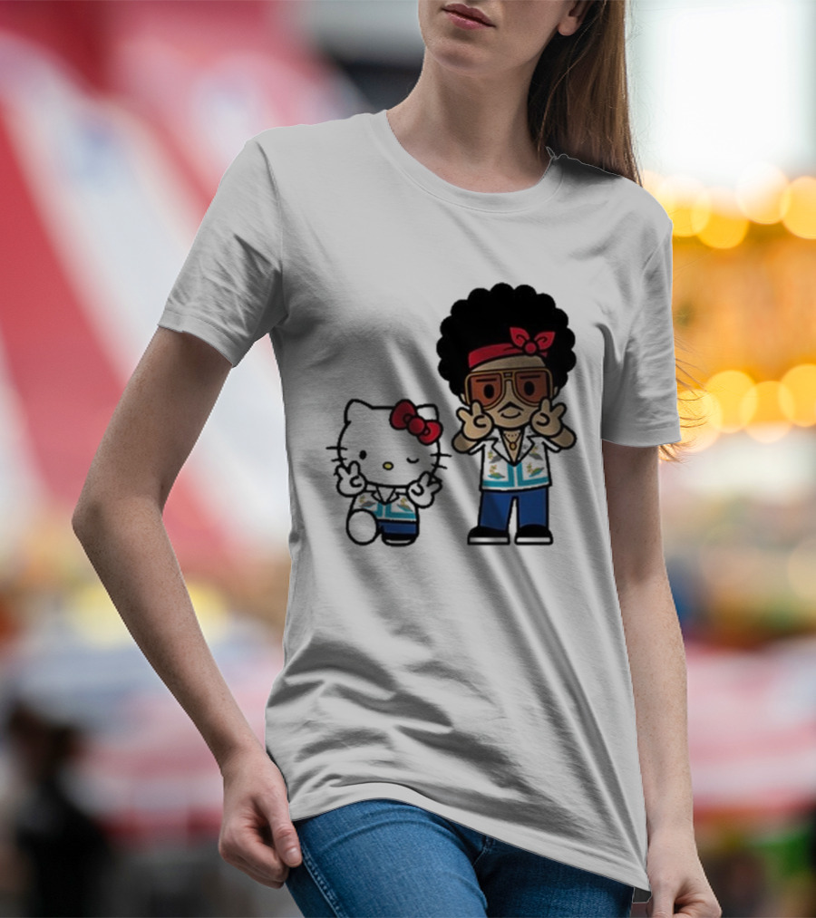 Bruno Mars Hello Kitty Japan Tour 24 Retro Style Duo With Red Bows And Blue Outfits T-Shirt