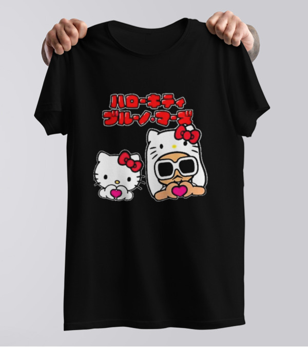 Bruno Mars X Hello Kitty Collaboration Japan Style Cute Characters With Sunglasses And Heart T-Shirt