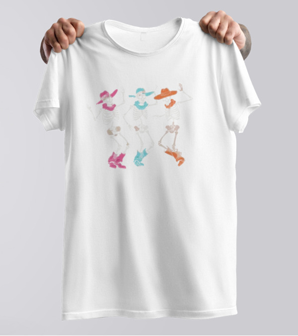 Cowboy Dancing Skeletons Halloween 2024 Retro Colorful T-Shirt