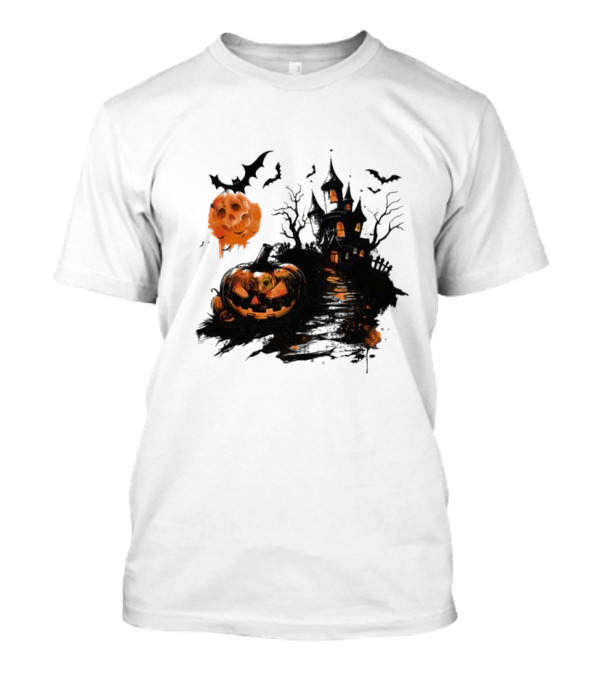Scary Halloween House With Spooky Pumpkins And Flying Bats T-Shirt