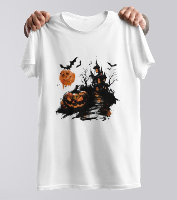 Scary Halloween House With Spooky Pumpkins And Flying Bats T-Shirt