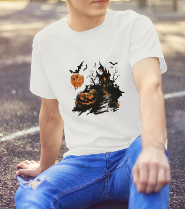 Scary Halloween House With Spooky Pumpkins And Flying Bats T-Shirt