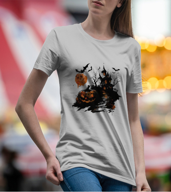 Scary Halloween House With Spooky Pumpkins And Flying Bats T-Shirt