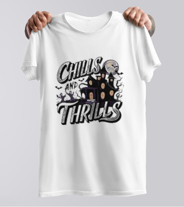 Chills And Thrills Haunted House Halloween Moon Bats Ghosts T-Shirt
