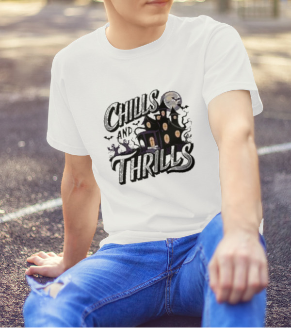 Chills And Thrills Haunted House Halloween Moon Bats Ghosts T-Shirt