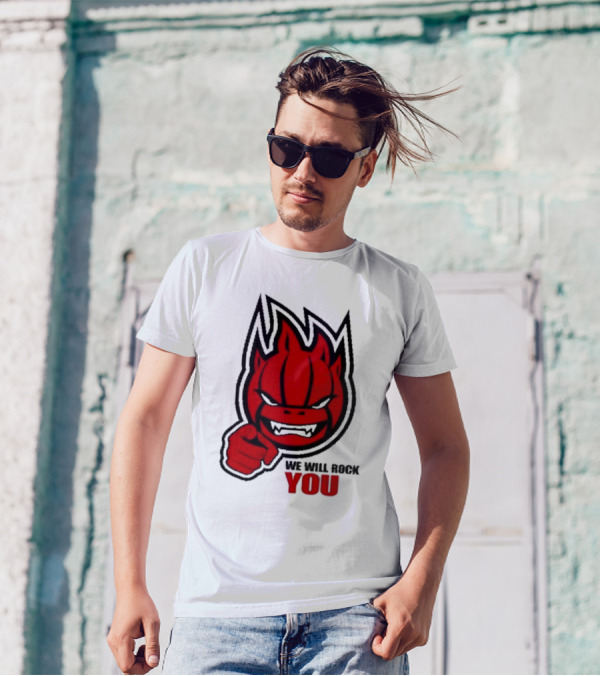 Sir Safety Perugia We Will Rock You Red Flame Character With Pointing Finger T-Shirt