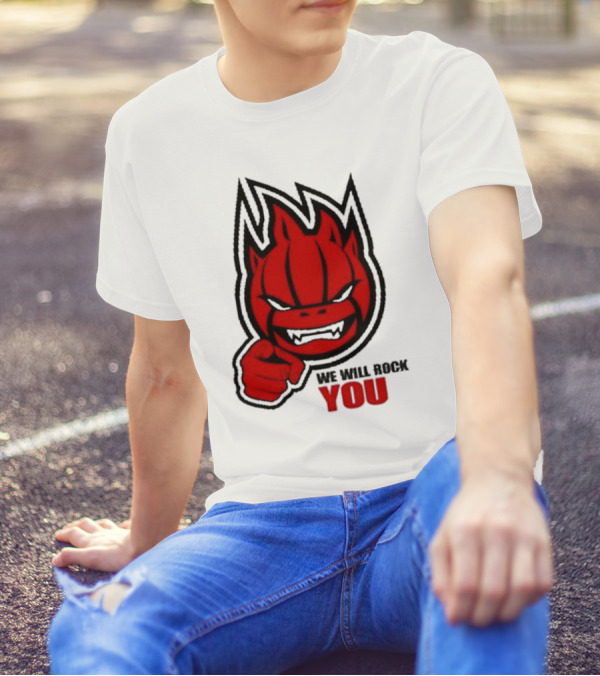 Sir Safety Perugia We Will Rock You Red Flame Character With Pointing Finger T-Shirt