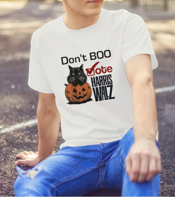 Don't Boo Vote Harris Walz Halloween 2024 Black Cat Pumpkin T-Shirt
